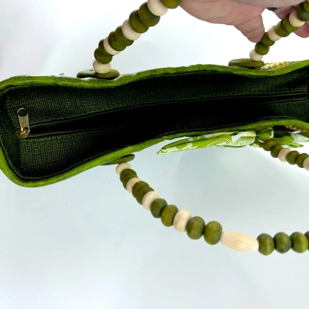 Unbranded Green/Tan Striped Tote with Beaded Handle‎ with Bow Detail